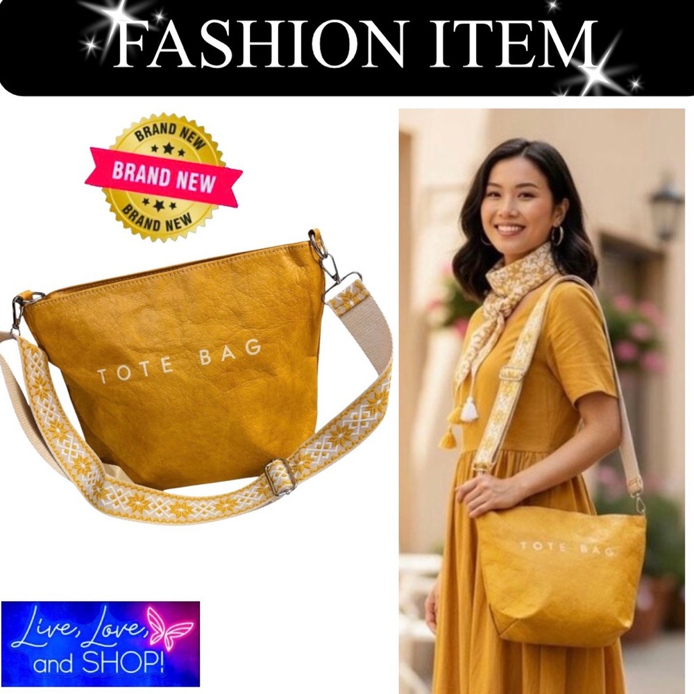 PURSE: Mustard/Yellowish-Brown & White Crossbody w/Wide Strap, Dustbag, NWOT